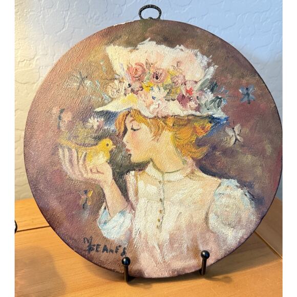 Original Art Painting Girl Flower Hat W/Bird Signed M Seales Round 10" Canvas - Picture 2 of 5